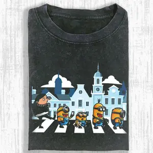 Minions Family And Gru Shirt, Vintage Yellow Cartoon Street Crossing Graphic T-Shirt, Funny Movie Parody City Walk Art, Retro Cartoon Aesthetic, Unisex Menswear Womenswear Top