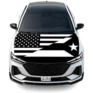 Black & White USA + Puerto Rico Flag Car Hood Cover Set – Stretch Fit, Easy Install, Bold Dual Pride Car Styling