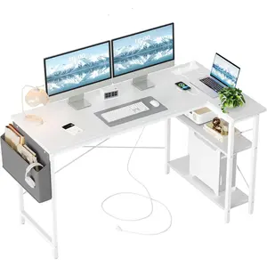 L Shaped Computer Desk with Power Outlets, 55 Inch Small Corner Desk with Reversible Shelves, Gaming Desk Computer Table Study Writing Desk for Home Office Small Space, White