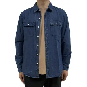 WIRDATRD Men's Denim Work Shirt with Patched Pocket Flap Dual Chest Pockets Long Sleeve All-Season Casual Outfit for Going Out Commute College