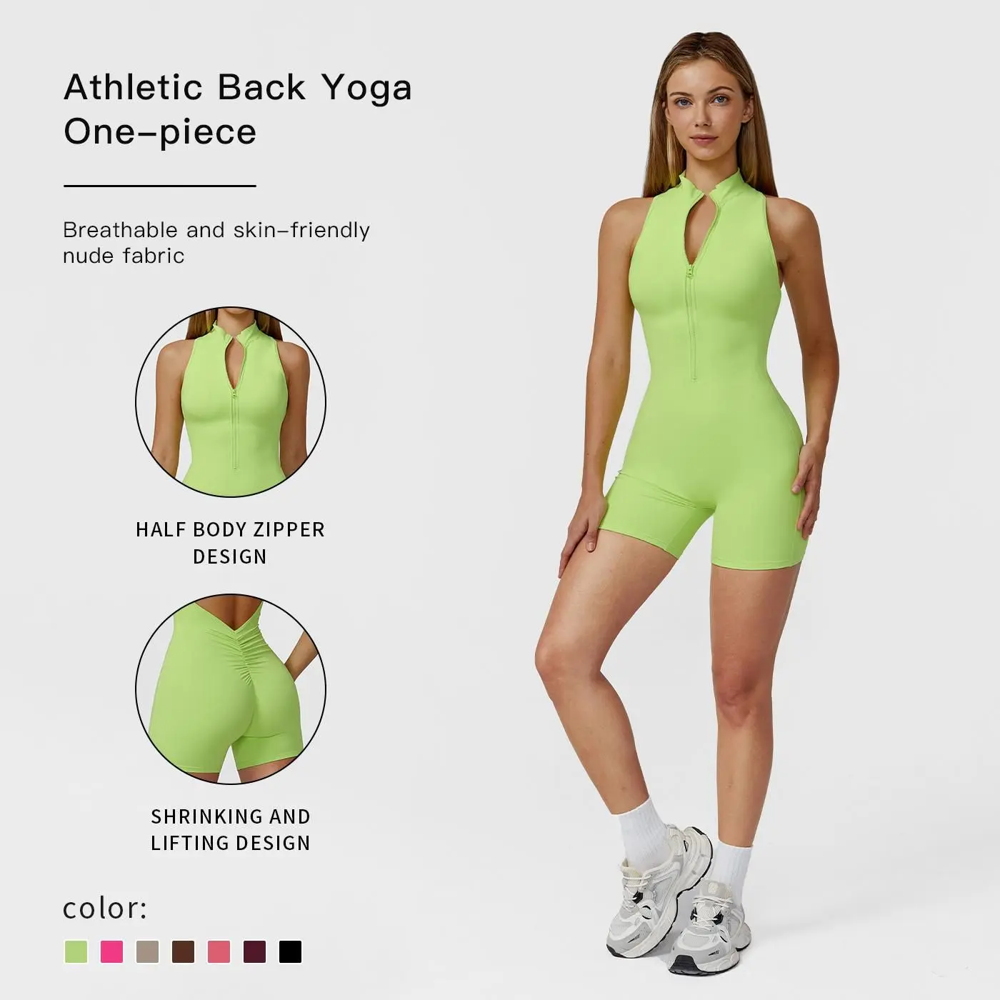 MFVIM Women's Sporty Solid Color Jumpsuit - Workout Apparel, Short Bodysuit with Half-Body Zipper, 2025 Breathable Shrink-and-Lift Stretch Fabric, Stretchable Activewear for Gym Yoga, Clothes for Women,summerwins