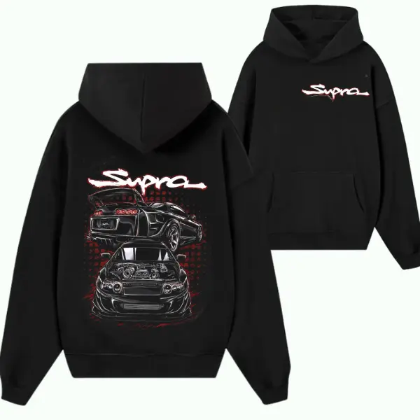 Supra Hoodie – Black Graphic Sweatshirt with Detailed Car Print & Red Accents, Perfect for Supra Fans