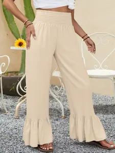 Women's Apricot Casual Long Pants with Ruffled Hem Elastic Waistband Comfortable Everyday Wear Chic Style Essential Bottoms