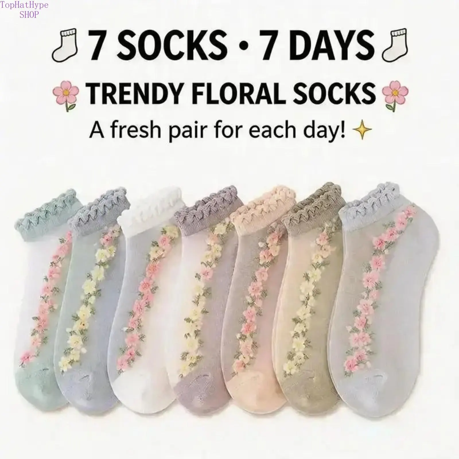 Women’s Elastic Socks - 7-Pair Nylon Lace Ankle Socks, Stretchy Sheer Mesh, 3D Floral Accents, Ruffled Cuffs, Summer Thin Transparent, Soft Breathable Lightweight, Non-Slip, Cute Durable, One Size Fits Most for Daily Casual & Date Night