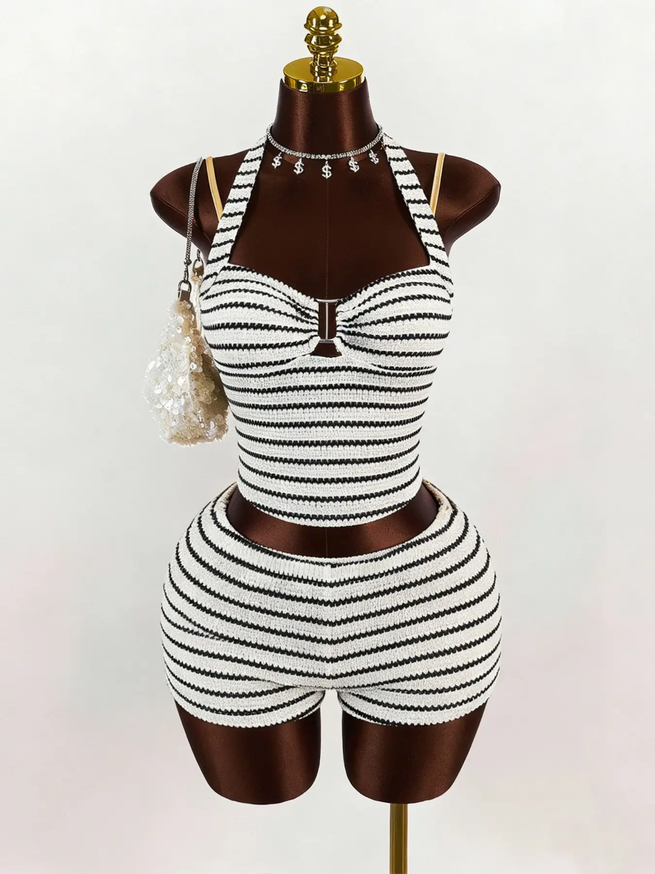 Women's Knitted Fabric Textured Striped Halter Crop Top with Metal Buckle, Slim Fit High Waist Shorts Set, Knit Outfit Set, Summer Outfits Set, Summer Vacation Style Womenswear