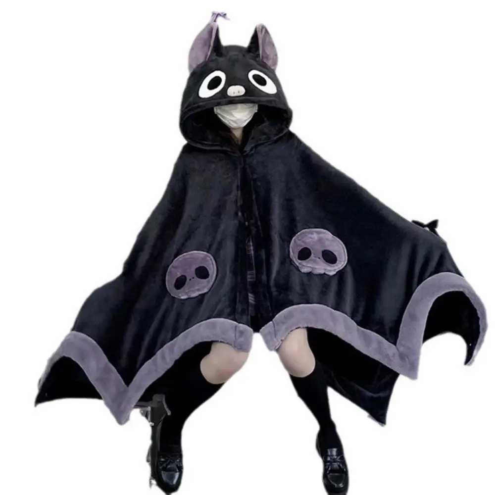 Bat-Themed Cozy Hooded Wearable Blanket with Wings, Cute Cartoon Animal Design, Soft Cartoon Printed Blanket for Sofa & Bed, Fall/Winter Season