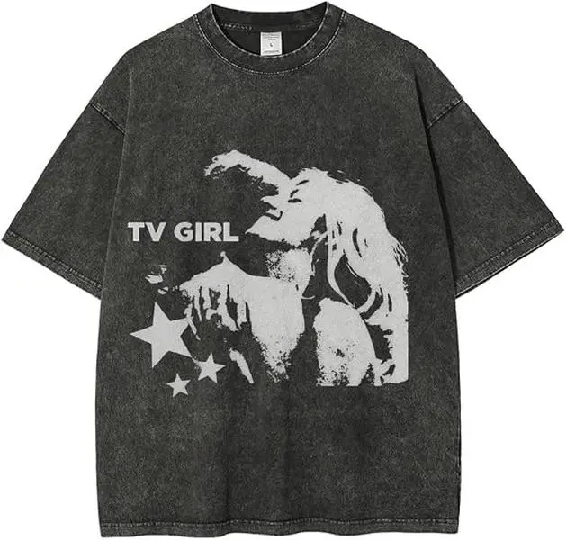Indie Music Stencil Graphic Tee Unisex Vintage Wash Heavy Cotton Oversized Streetwear T‑Shirt