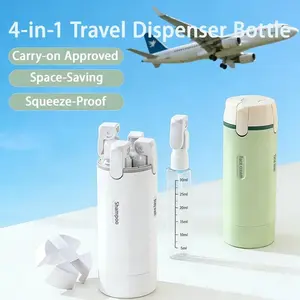 Summer essential 4-in-1 convenient rectangular mini travel product compartmentalized bottle, leak-proof and reusable silicone squeeze container with a lock. Ideal for a summer vacation makeup bag or a small, lightweight business travel bag