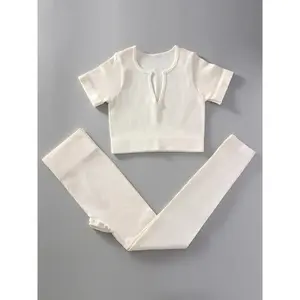 Two-piece Set Women's Solid Ribbed Notched Neck Crop Tee & High Waist Leggings Tracksuit Set, Sporty Casual Breathable Minimalistic Outfits, Two Piece Set Women, Workout Gym Clothing, Sporty Style Clothes, Sports Suit Set