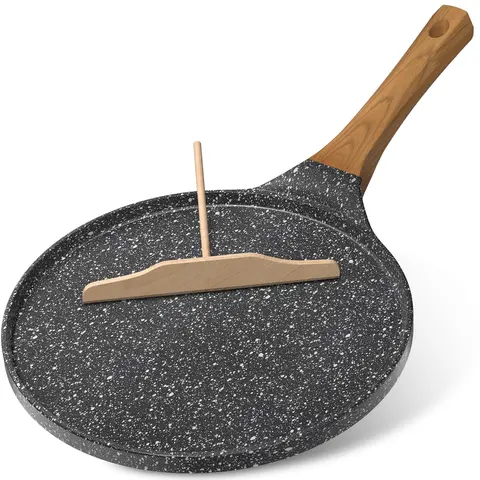 10-Inch Granite Nonstick Cast Aluminum Crepe & Dosa Pan - Magnetic Stainless Steel Tortilla Griddle, Durable, Induction & All Cooktops Compatible, Lightweight & Comfortable Handle, Bakelite Heat Grip, Quick-Heating, Easy Cleaning, Includes Wooden Spreader