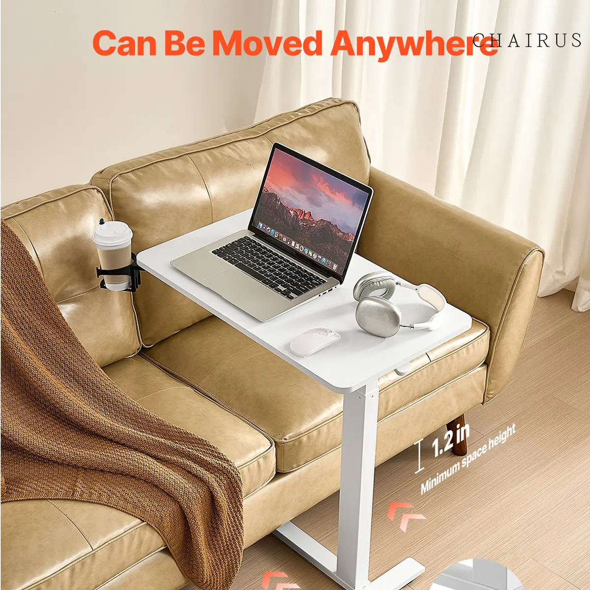 CHAIRUS Overbed Table  Mobile Bed Side Table with 4 Hidden Wheels Height Adjustable Rolling Laptop Desk with Cup Holder Portable Particleboard Over Bed Desk for Home Office Study White