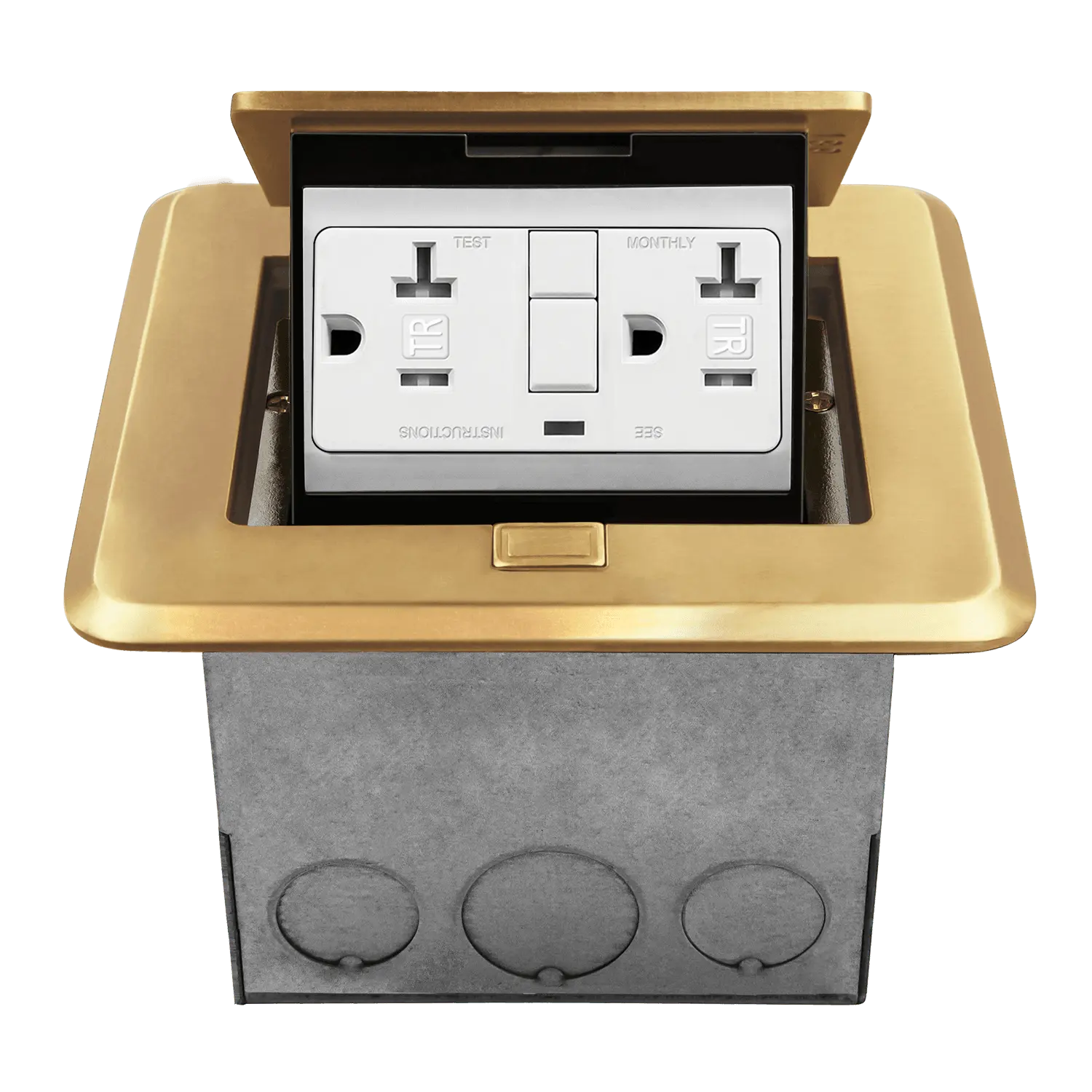 Enerlites Brass Finish Square Floor Socket Kit - Tamper-Proof 20A Rating GFCI Outlet, UL Listed E478554, Model 961248-C-GFCI, Soft Pop-Up Design for Easy Power Access