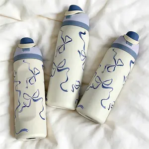 Blue Butterfly Knot Design Water Bottle, Stainless Steel Insulated Dual-Layer Flask, 24oz/32oz/40oz Capacity, Sports, School, Travel, Gym