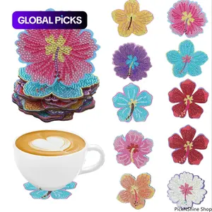 Flower Shaped Diamond Painting Coaster Kit DIY Artificial Diamond Art Cup Mat Set Decorative Craft For Home And Office Desk Use Creative Handmade Project With Colorful Design For Daily Table Protection