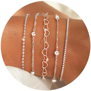 5 Count Dainty Silver Bracelet Set for Women, Stainless Steel Layered Stackable Chain Bracelets, Minimalist Waterproof Trendy Jewelry Gifts for Her Tarnish Free Adjustable Bangle