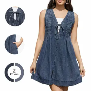 Chicovar Women's Oversized Vintage Denim Mini Dress ,Sleeveless V-Neck Tie Front Ruffle Layered A-Line Tunic with Pockets & Front Pleats, Casual Outfit,Fashion, Summervibes