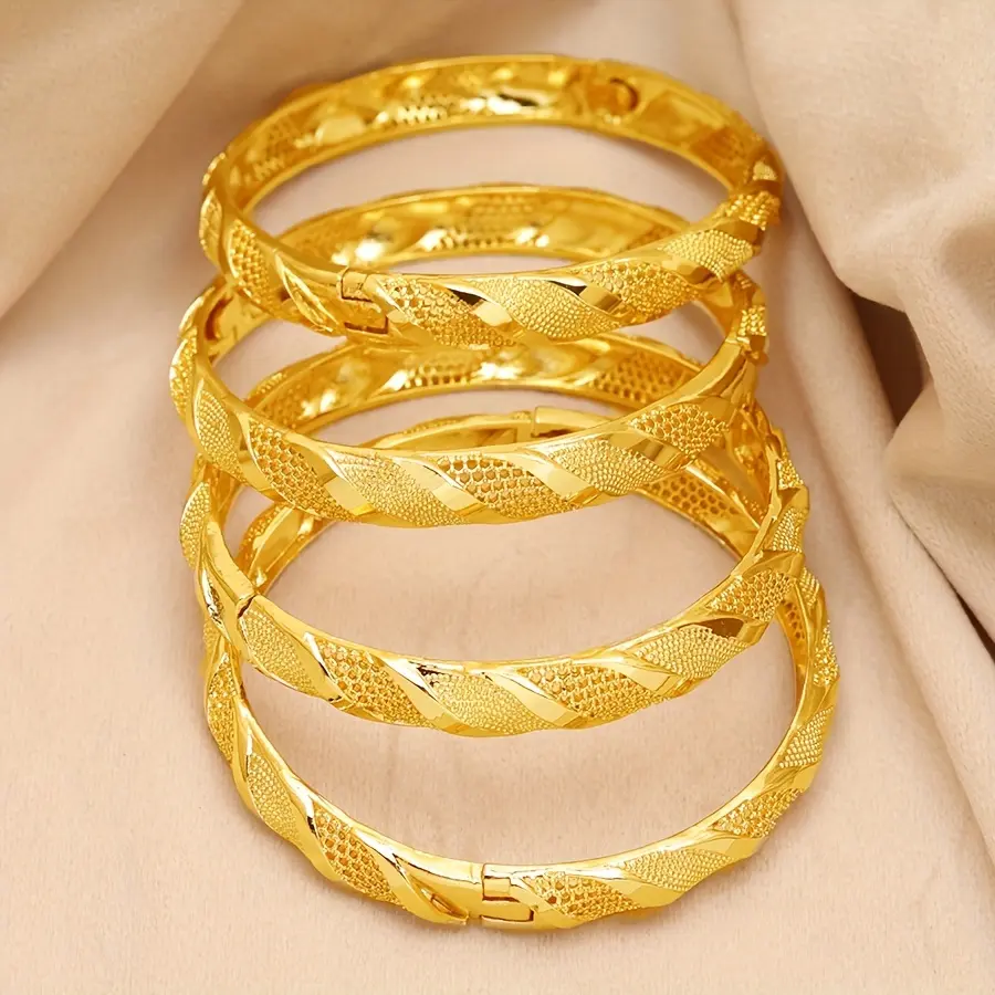 Women's 4-Piece Gold Plated Stackable Bangle Set - Vintage Filigree Clover Leaf Pattern, Adjustable Open Cuff Jewelry for Wedding, Beautiful Exquisite Fashion Bracelet Stacks, Beautiful Bracelets, Exquisite Bracelet