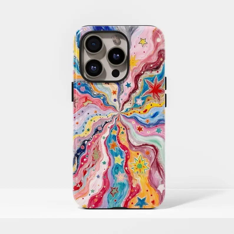 Psychedelic Starburst Cas Y2K Style Tough Phone Case, Psychedelic Cosmic Swirl Vintage Must have Phone Case For Iphone 17, 16, 15, 14, 13, 12, Samsung Galaxy S22,S23,S24,S25 Gift For Halloween, Best Phone case, Accessories, Silicone, Smartphone