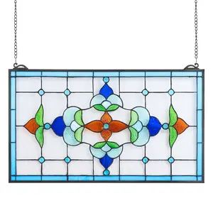 【FathersDayGift】 VEVOR Stained Glass Window Panel, 26 x 16 in, Tiffany Style Hanging Transom Window Panel with Chain, Large Horizontal Rectangle Stain Glass, Vintage Traditional Art Handcrafts for Kitchen Home Decor