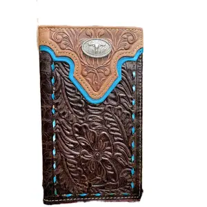 Longhorn Western Genuine Leather Wallet Bi-Fold 7 Inches Long with 13 Credit Card Slots, 4 Cash Compartments & Back Pocket brown and teal