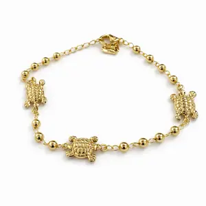 Gold Turtle Charm Bracelet with Beaded Chain and Secure Clasp for Women's Jewelry