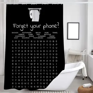 Funny Shower Curtain, Black and White Bathroom Humor Word Search Shower Fabric Accessory with Hooks, 60X70IN