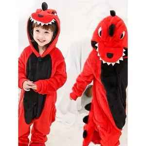 Cozy Youngsters' Dinosaur Plush Hooded Pajamas - Long Sleeve, Flame-Resistant Sleepwear for Boys & Girls, Perfect for Valentine's, Halloween, Christmas, Autumn & Spring, Home Wear