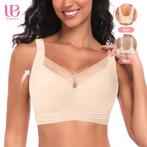 Werena V-Neck Mesh Bras for Women Back Smoothing No Underwire Seamless Push Up Bra Everyday Comfort Minimizer Bras with Wide Straps & Fixed Pads