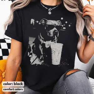 Funny Pitbull Drinking Iced Coffee T-shirt/ sweatshirt, Vintage Dog Shirt, Pitbull Tee, Dog Dad Unisex Tee, Pittie Dog Lover Shirt Gift