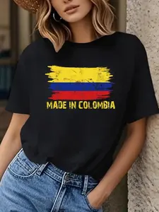 Women's Colombian Flag T-Shirt - Made in Colombia Proud Colombiana Tee, Black with Yellow & Red Stripes, Lightweight Casual & Formal Wear, Colombian Heritage Apparel, National Costume Top, Comfortable Round Neck Short Sleeve Shirt