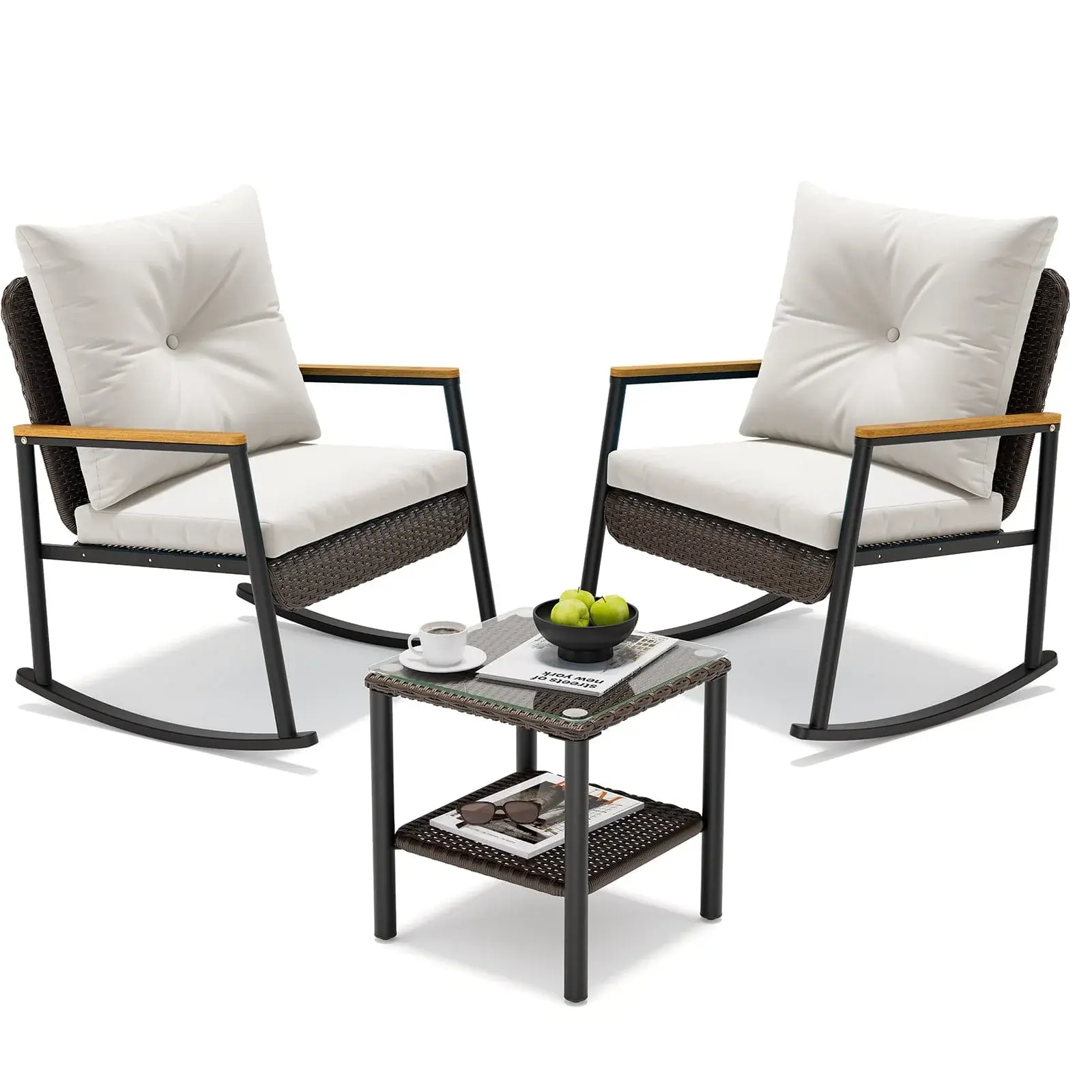 3 Piece Patio Bistro Set with Thick Cushions and 2-Tier Glass Coffee Table White,summerwins