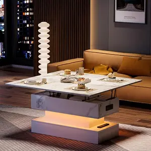 Lift Top Coffee Table with Charging Station, Modern High Glossy Coffee Table with LED Light, 3 in 1 Multifunctional Coffee Table with Storage & Hidden Compartments for Living Room