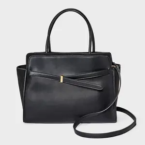 Belted Top Handle Satchel Handbag - A New Day Black
