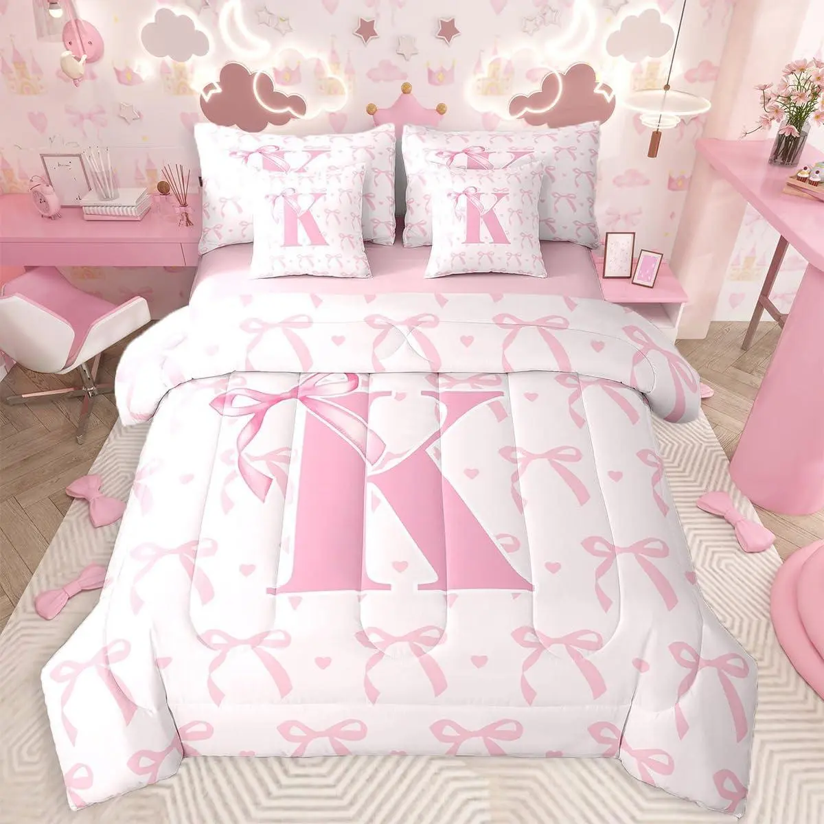 Cute Pink Bow Kids Comforter Set with Sheets ,Boys Girls Personalized Letter K 7 Piece Bedding Set,Cute Coquette Bow Knot Bed in a Bag,Initial Letter K All Season Monogrammed