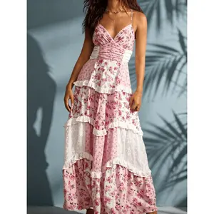 Women's Lace Patchwork Floral Maxi Dress| Sexy Backless Spaghetti Strap Tiered Ruffle Boho Beach Sundress