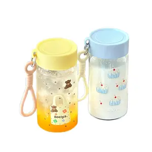 2 Sets Of 14.5 OZ Clear Glass Bottles with Lids,Reusable Glass Water Bottle,Yellow and Blue,Leak Proof, Used for Fruit Juice,Tea,Water,Milk,Etc