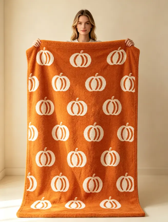 Soft Flannel Throw Blanket with Minimalist White Pumpkin Motifs & Burnt Orange Autumn Harvest Repeating Print, Cozy Warm Fleece Dorm Rooms Decor Gift for Women Teens, Fall Halloween Holiday Present