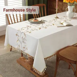Cotton Linen Waterproof Tablecloth for Dining Table Farmhouse Kitchen Rectangle Table Cloth Coffee Wrinkle Free Tables Cover, Beige, Coffee Flower, 55x86 Inch