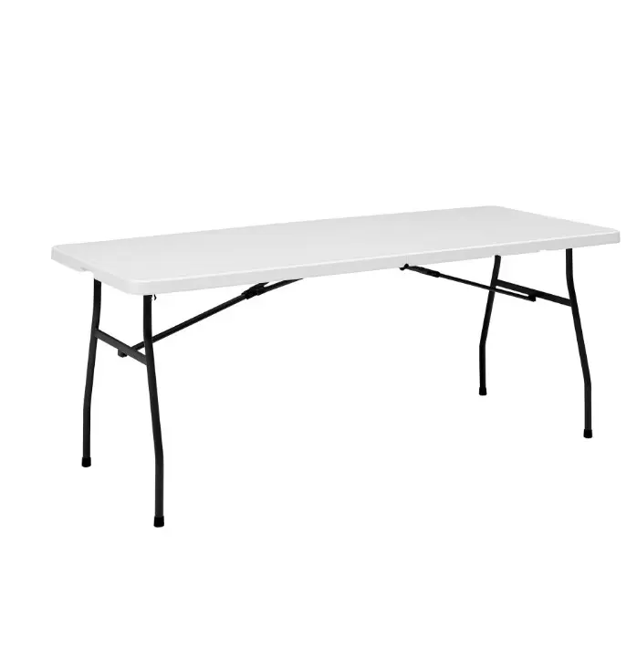 Mainstays White 6 Foot Fold-in-Half Plastic Table, Indoor Outdoor, Scratch Resistant, Stain & UV Damage, Built-in Carry Handle