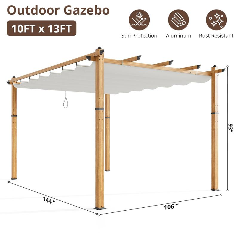 GARVEE 10' X 13' Retractable Pergola Canopy with Natural Wood Like Frame for Backyards, Gardens, Patios, Outdoor Pergola with Sun Shade Canopy,Beige
