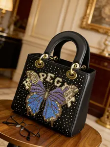 Mini Butterfly Letter Crystal Purses and Handbag for Women, Small Fashion Ladies PU Top Handle Satchel, Shoulder Tote Bag, Crossbody Purse