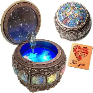 Retro Music Box with Constellation Rotating Goddess LED Light Flashing Resin Carving Mechanical Music Box with Sankyo 18 Notes Birthday Gift (A1 Upgraded Version)