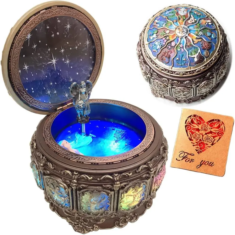 Retro Music Box with Constellation Rotating Goddess LED Light Flashing Resin Carving Mechanical Music Box with Sankyo 18 Notes Birthday Gift (A1 Upgraded Version)