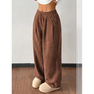 Women's Vintage Corduroy Drawstring Pants, Loose-Fitting Casual Autumn Winter Bottoms, Ladies' Textured Long Trousers, Casual Chic Trousers