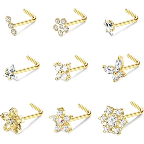 FUNRUN 9Pcs 20G Nose Stud Set for Women | CZ Bling Snowflake Star Nose Rings | Surgical Steel L Shape Nose Piercing Jewelry 7mm Hypoallergenic Studs Flower Studs Butterfly Studs