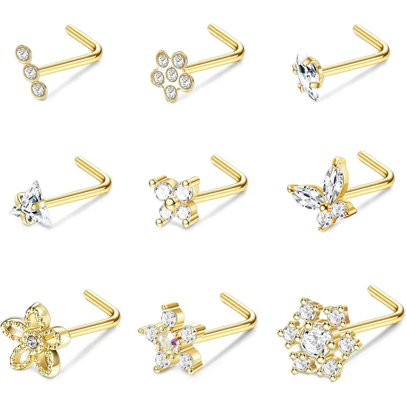 FUNRUN 9Pcs 20G Nose Stud Set for Women | CZ Bling Snowflake Star Nose Rings | Surgical Steel L Shape Nose Piercing Jewelry 7mm Hypoallergenic Studs Flower Studs Butterfly Studs