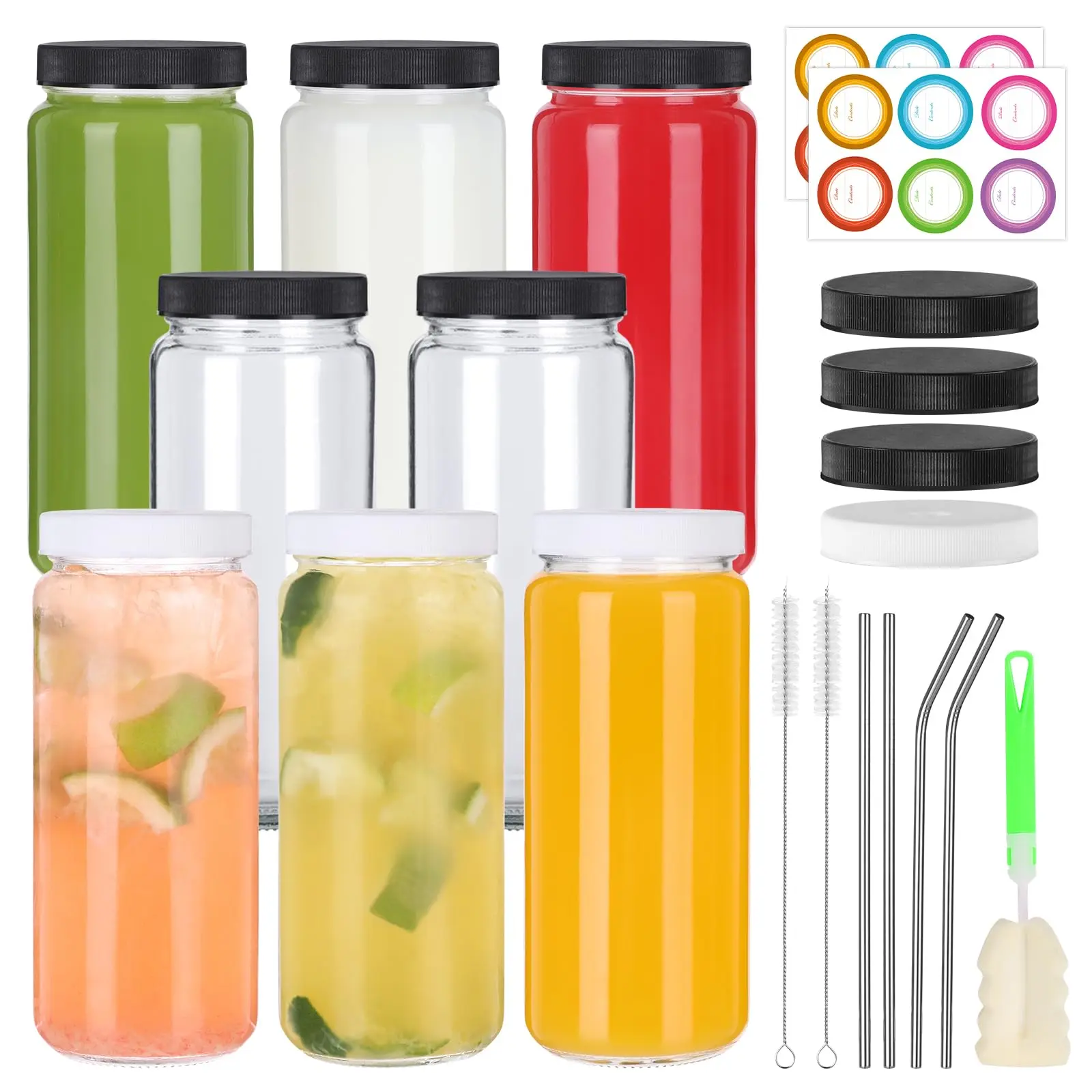 8 Pack 16 OZ Glass Juice Bottles with Lids and Straws, Juicing Glass Bottles for Smoothie, Water, Milk and Kombucha, Clear Reusable Water Bottles with Caps