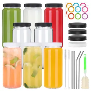 8 Pack 16 OZ Glass Juice Bottles with Lids and Straws, Juicing Glass Bottles for Smoothie, Water, Milk and Kombucha, Clear Reusable Water Bottles with Caps