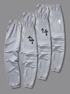 Men's Cross Print Drawstring Waist Pants, Casual Comfy Pocket Jogger Trousers for Daily Wear, Men's Bottoms for All Seasons