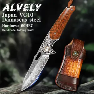 ALVELY Handmade, Arrowshark Damascene steel folding knife, VG10 steel core, Italian vegetable tanned leather sheath, high hardness, suitable for outdoor, fishing, hiking, EDC, men's gift